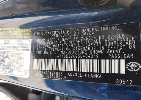 2005 Toyota Camry Le z USA, uszkodzony, nr VIN 4T1BE32K25U404312